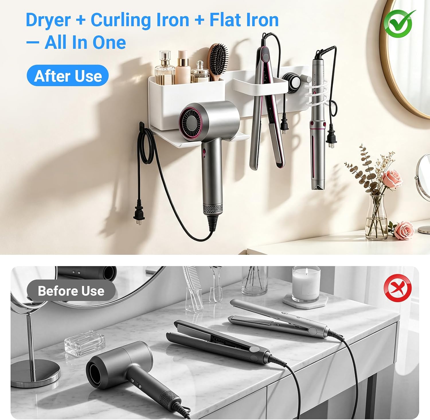 Hair Dryer Holder Wall Mount with 2 Storage Compartments, Aerospace Aluminum Blow Dryer Curling Iron Flat Iron Holder, No Drill Adhesive Bathroom Hair Tool Organizer, Heat Resistant (White)