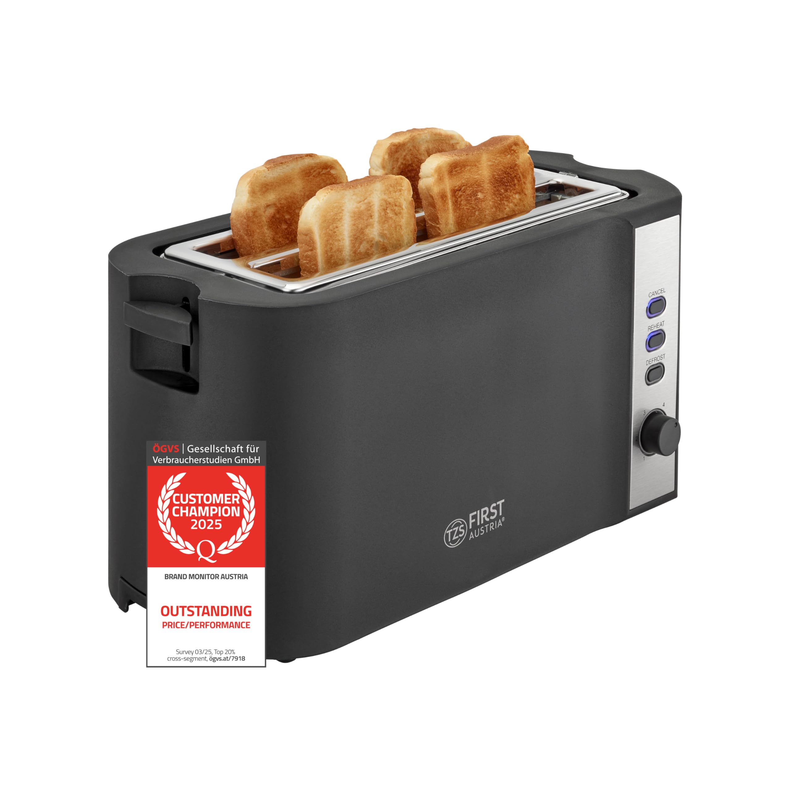TZS First Austria 4 Slice Toaster 1500W - Long Slots for Bagels & Crumpets - 6 Browning Levels