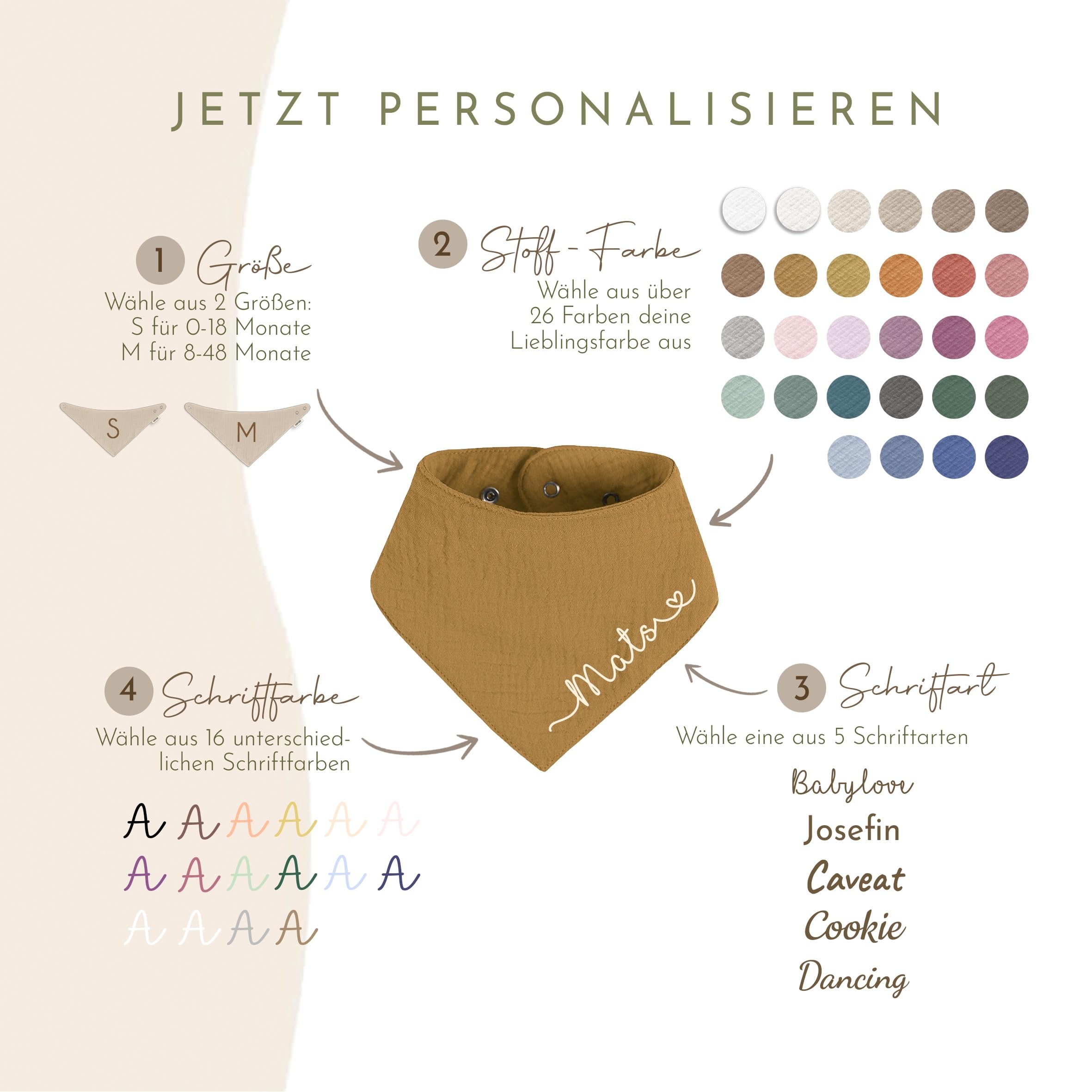 ARTEE Personalisiertes Halstuch Dreieckstuch aus Musselin Gaze 100% Baumwolle für Babies und Kleinkinder in 2 Grössen erhältlich, mit Namens Personalisierung aus OekoTex zertifiziertem Druckmaterial