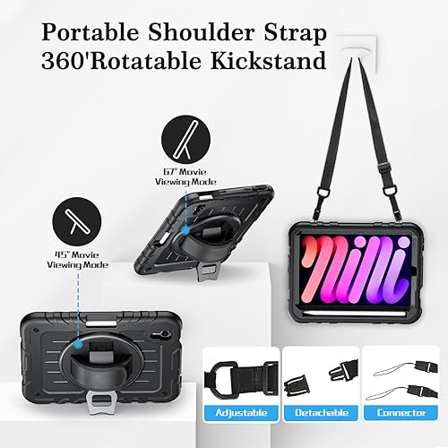 Miniatura 7 de Funda para iPad mini 7 A17 ProiPad mini 6 de 8.3 pulgadas, funda para iPad mini de 76 generación (20242021) con soporte para lápizsoporte, correa de