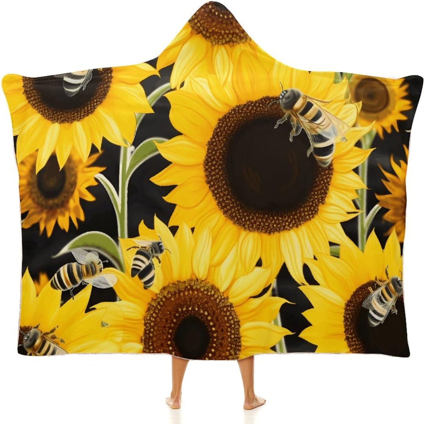 Sunflower Bees Wearable Hooded Blanket, Ultra Soft Arctic Velvet Cape Cloak Unisex - Cozy Wearable Blanket