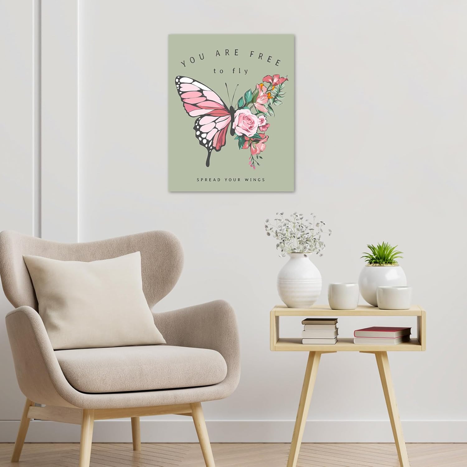 HVEST Butterfly Canvas Wall Art Print Pink Butterfly with Floral Bathroom Wall Art, Modern Abstract Wall Decor for Living Room Bedroom Home Kitchen Office, 20L x 16W Inches