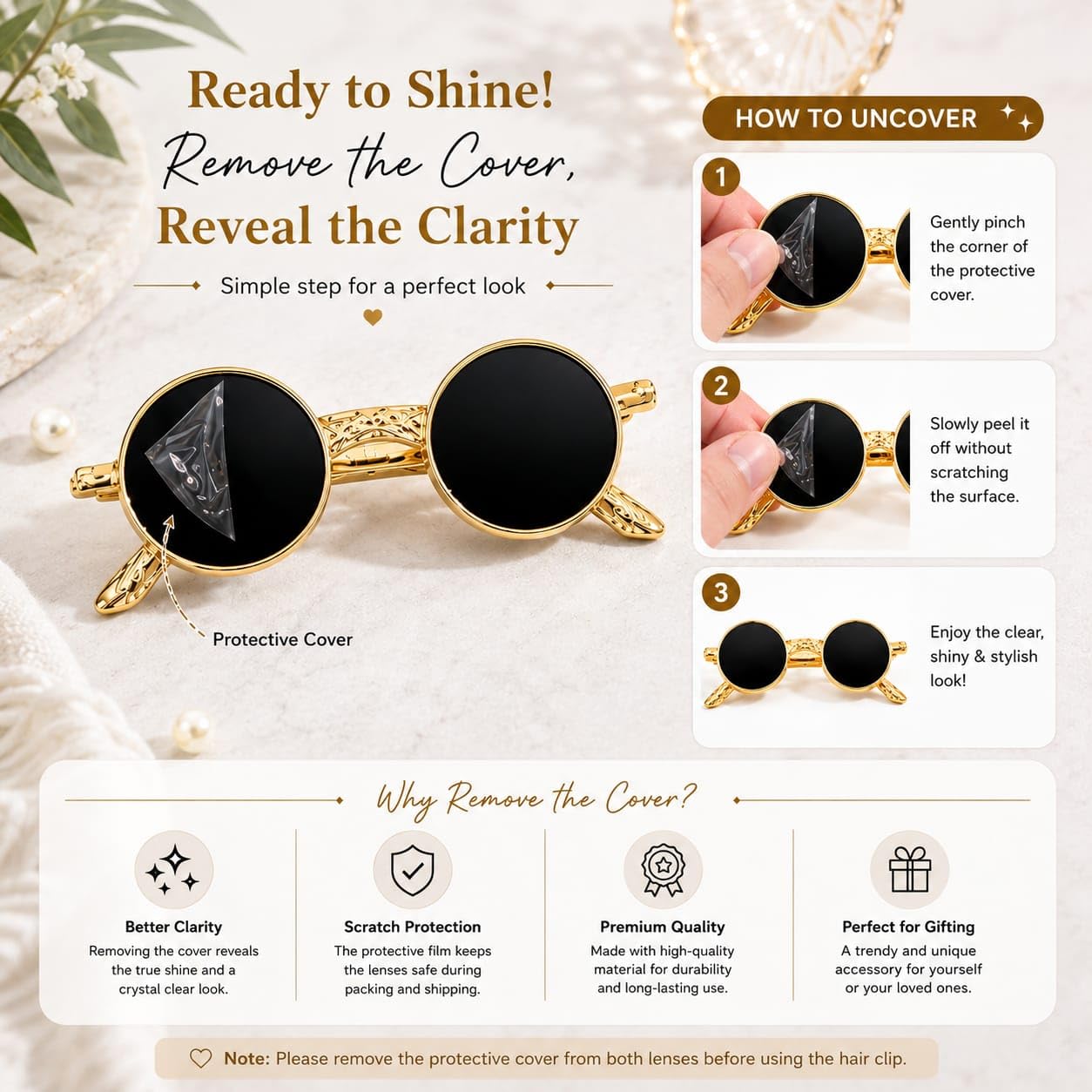 APOLLINE INDIA® Retro Sunglasses Hair Clip – Quirky Hair Accessory for Teens & Women –Trendy Metal Frame Black Round Shape Sunglasses Hairpin Hair Barrette (Gold, Pack of 1pcs) 2