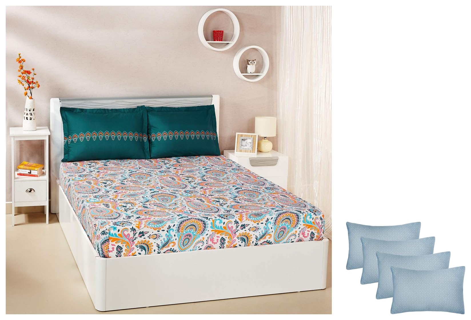 Amazon Brand - Microfibre & Polyester 4-Piece Premium Bed Pillow Set, Microfibre, Grey, 43 X 69 X 17 Cm & Amazon Brand - Paisley Preen 144 TC Double Bedsheet with 2 Pillow Covers, Green and Orange