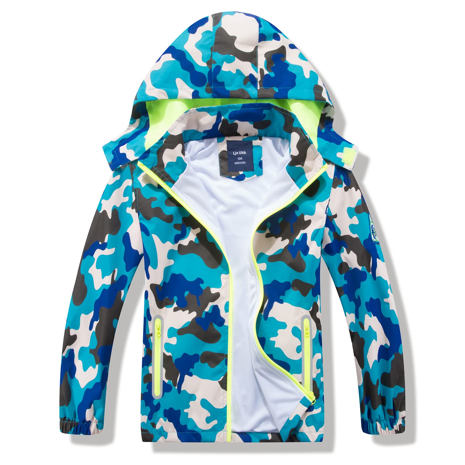 Hzxvic Boys Blue Camo Kids Waterproof Jacket Camo Raincoat,Childrens Lightweight Rain Coat With Hood (Bluecamo-6Years)