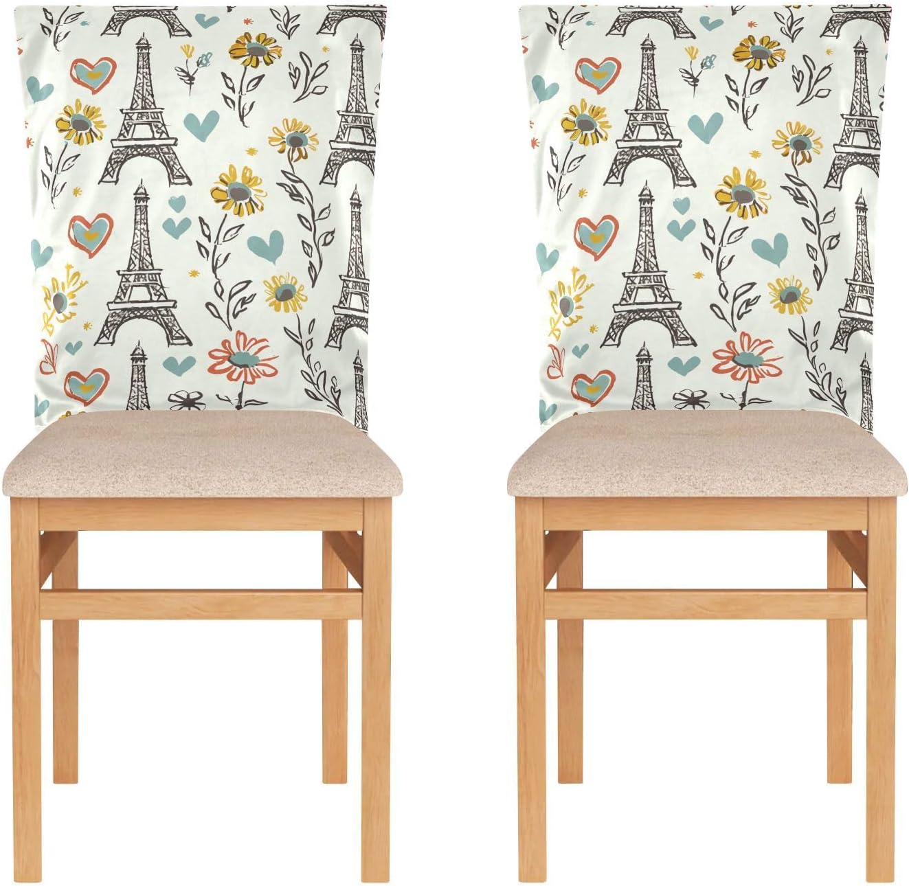 ALAZA Eiffel Tower Daisy Hearts Chair Back Cover Set of 6, Washable Reusable Removable Chair Slipcovers Decorative Chair Cover for Home Kitchen Wedding Party