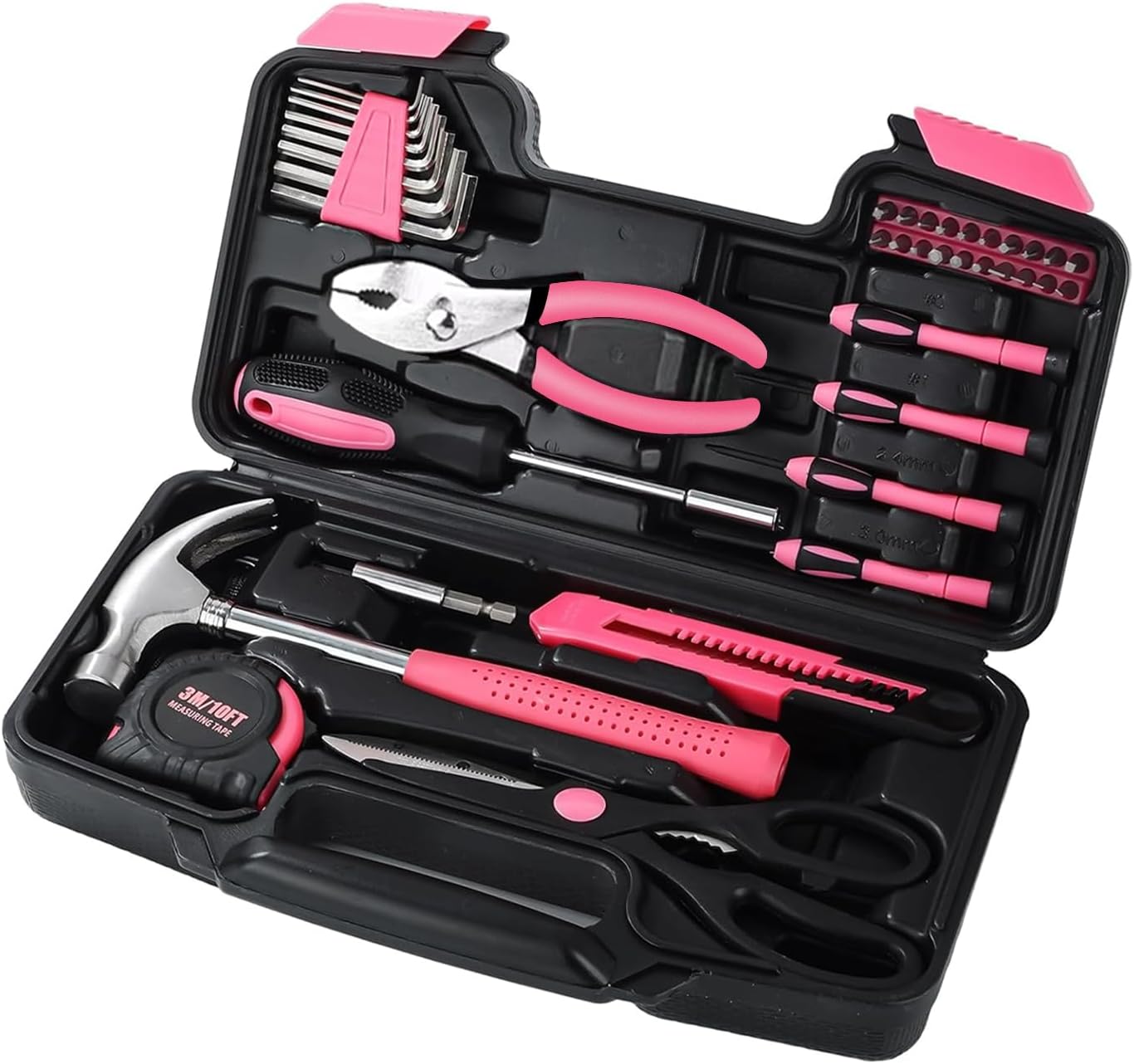 39-Piece Household Tool Set in - Perfect for Home, Garage, Office and Dorm Use - Essential Tools for The Whole Family (Pink)