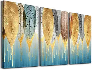 Fashion Wall Art for Living Room Family Wall Decor for Bedroom Modern Wall Decorations for Kitchen Canvas Art Golden Leaves Abstract Paintings Bathroom Hang Pictures Artwork Home Decoration 3 Pieces