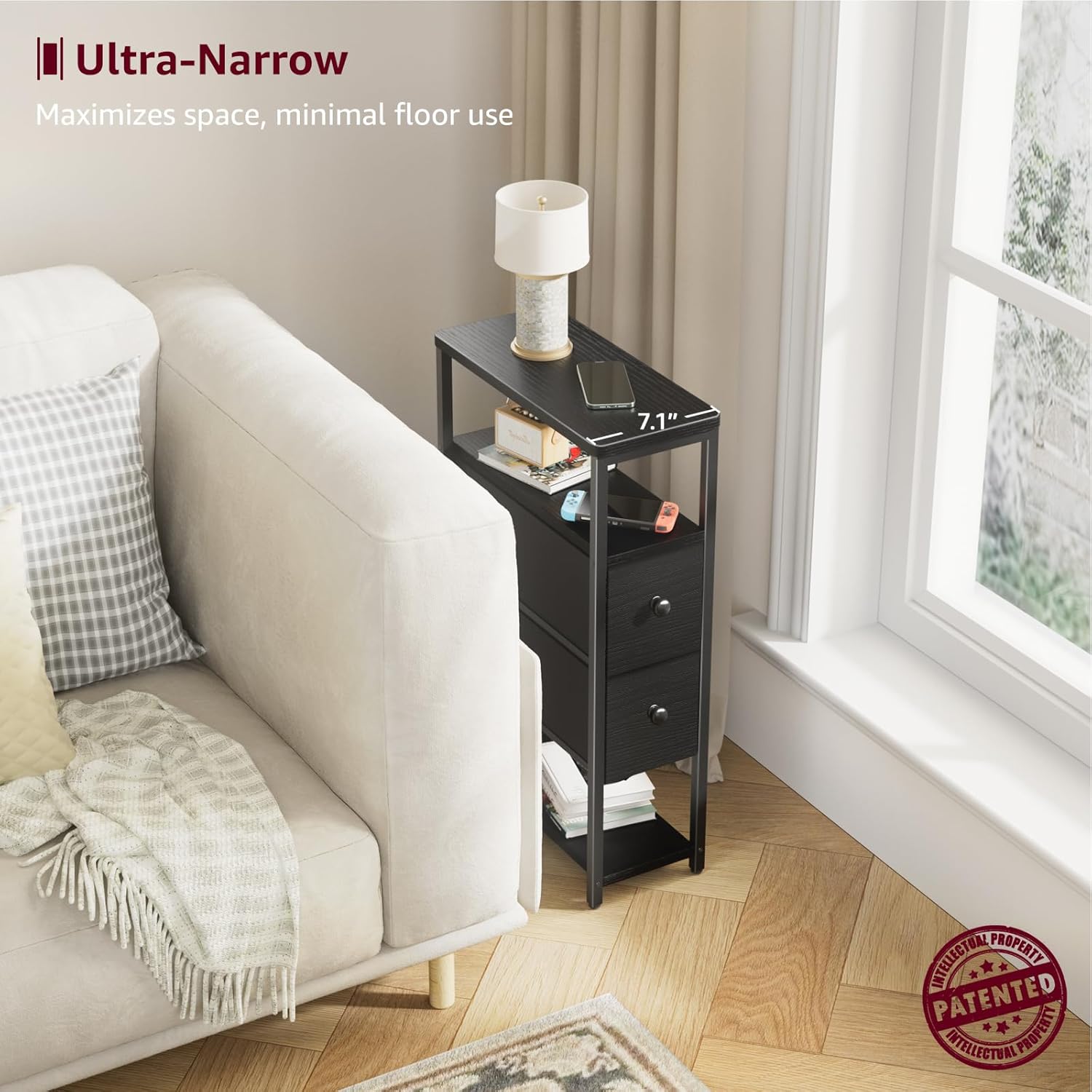 Narrow Nightstand Side Table - Skinny Night Stand for Small Space Bedroom Slim Bedsides Tables with 2 Drawers, Black