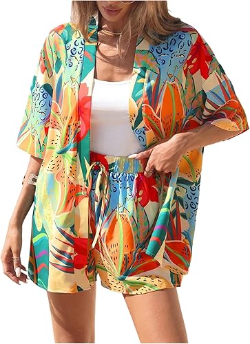 SOLY HUX Women's Summer 2 Piece Outfits Hawaiian Tropical Print Open Front Half 
