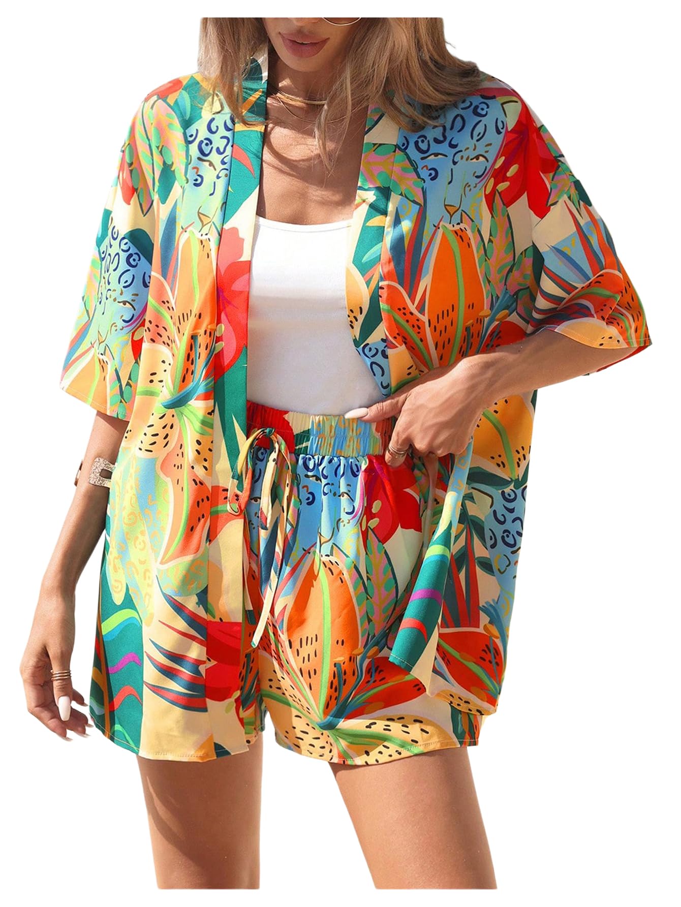 SOLY HUX Women's Summer 2 Piece Outfits Hawaiian Tropical Print Open Front Half Sleeve Kimono and Shorts Set