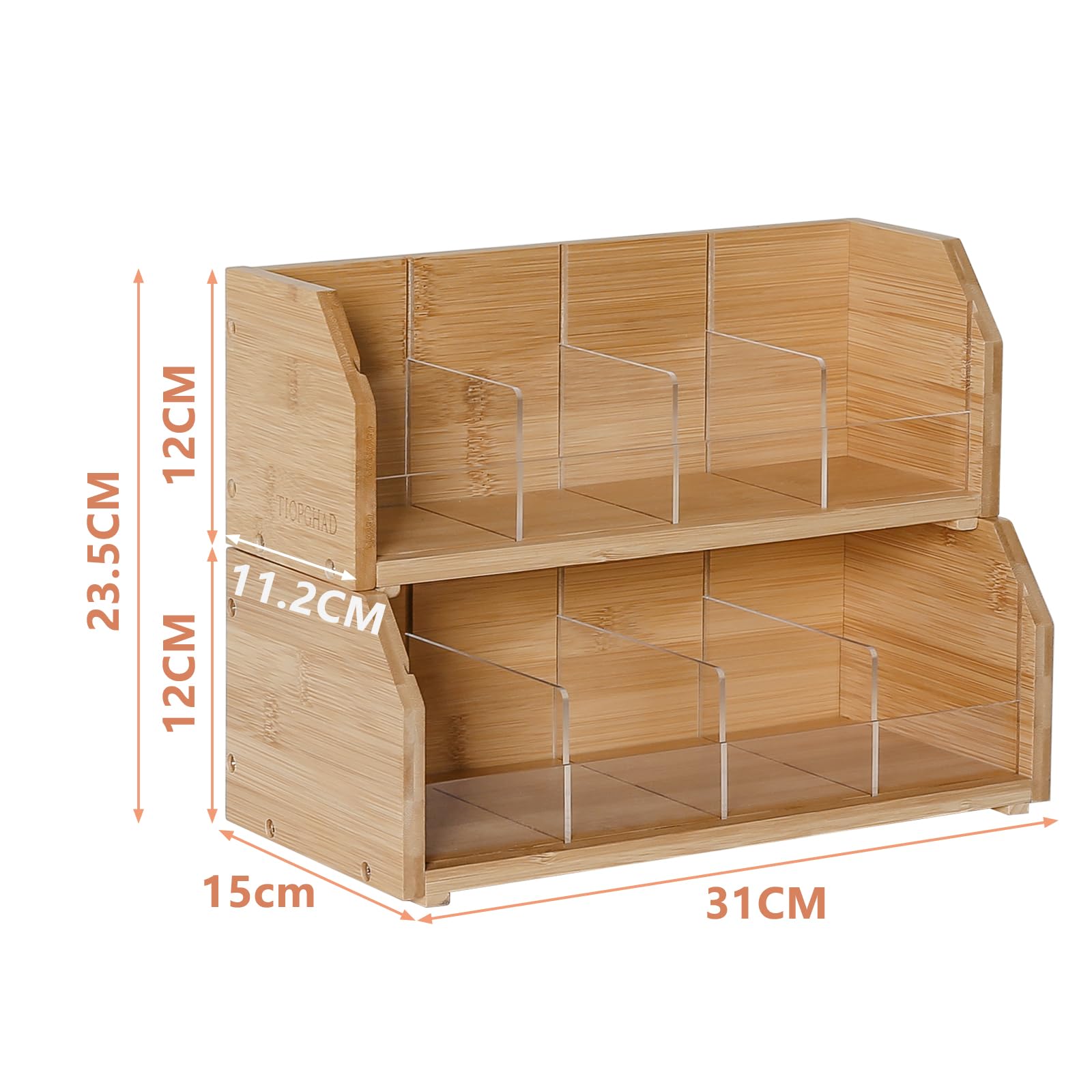 TIOPGHAD Organizador de bolsas de té de bambú apilable de 2 capas, soporte de almacenamiento para bolsas de té, contenedores de madera para té, estante de estación de té para gabinete, encimera