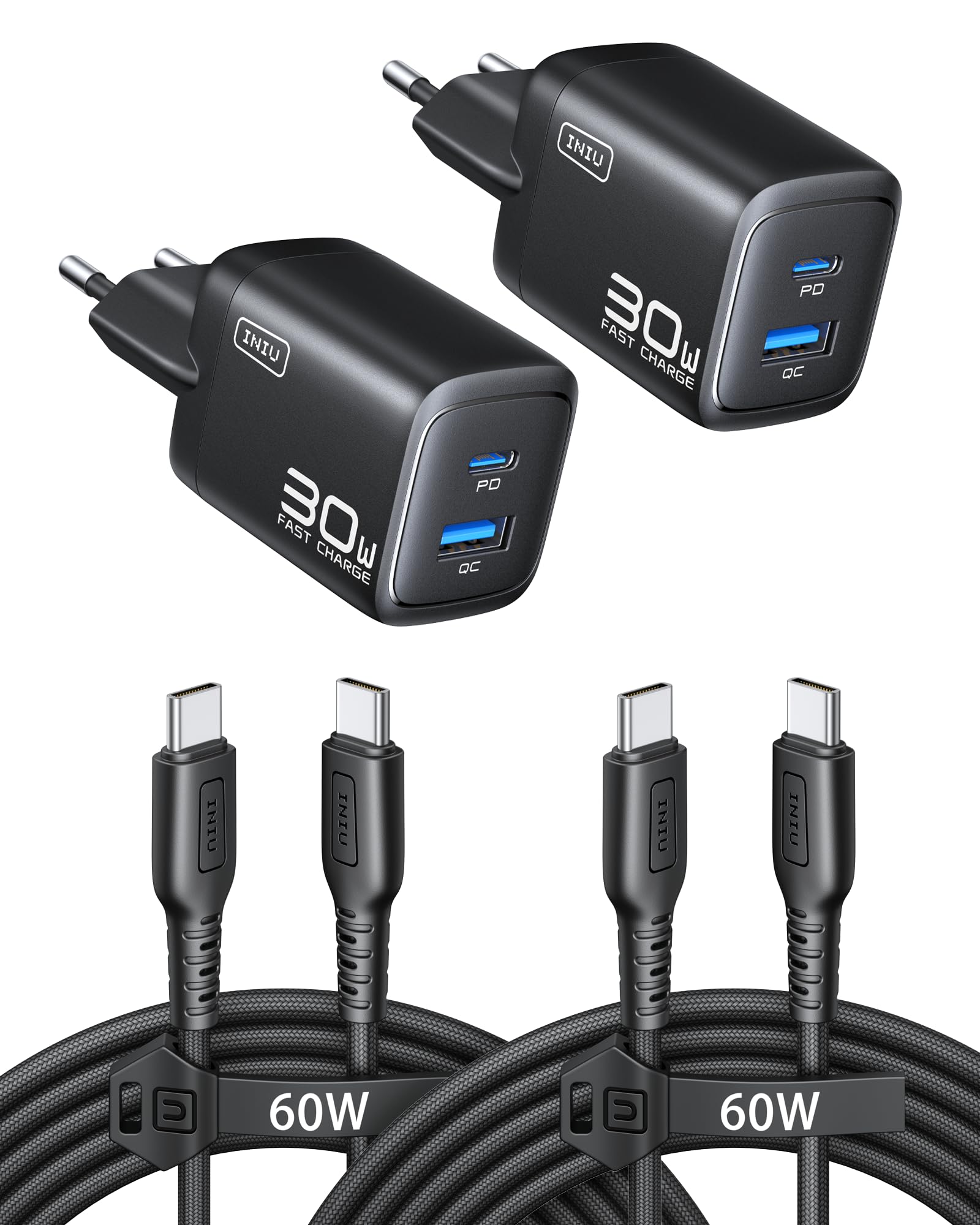 INIU 30W USB C Ladegerät, GaN Schnellladegerät mit 1,5m 60W Kabel, Dual-Port Netzteil mit intelligentem Geräteschutz