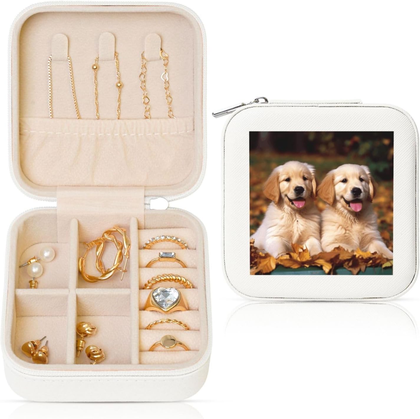 Jewelry Box for Women Leather Travel Jewelry Case Golden Retriever dogs puppies pets Portable Jewelry Organizer Box Mini Jewelry Travel Case with Zipper for Earrings Bracelets Rings Necklace