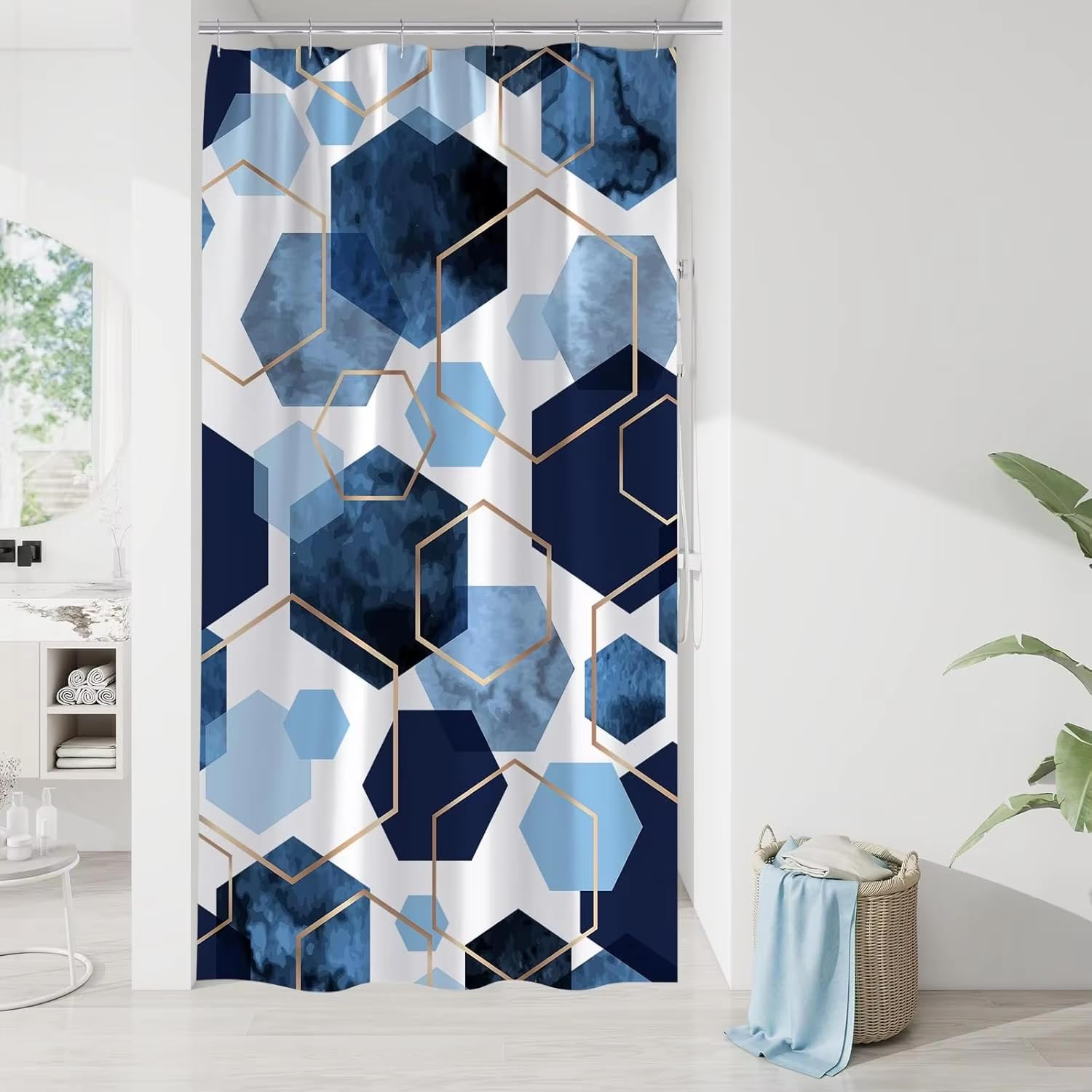 KELAIMI Geometric Shower Curtains,Gold Geometric Modern Luxury Polyester Bathroom Curtain - Waterproof Fabric Bathtub Curtain with Hooks Navy Blue 200X200Cm