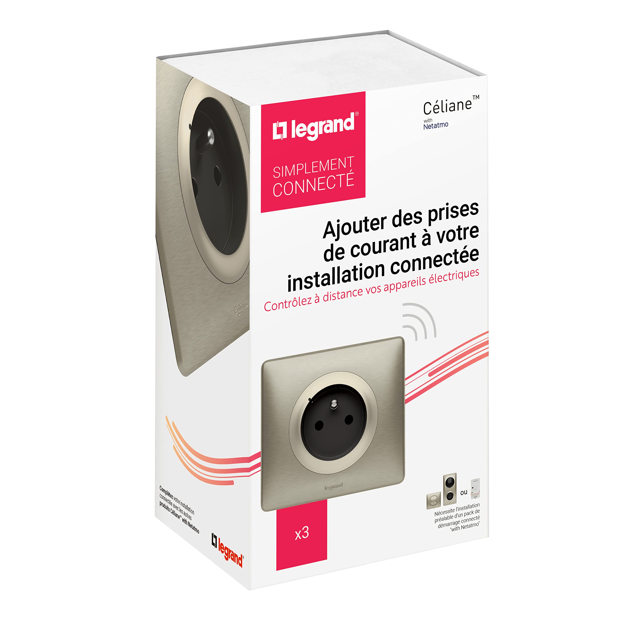 Lot 3 Prises Connectées avec Prise Terre Complète - Céliane with Netatmo (Mesure Puissance et Suivi Consommation) avec Plaque Titane - Contrôle à Distance des Appareils électriques - 199170 - Legrand
