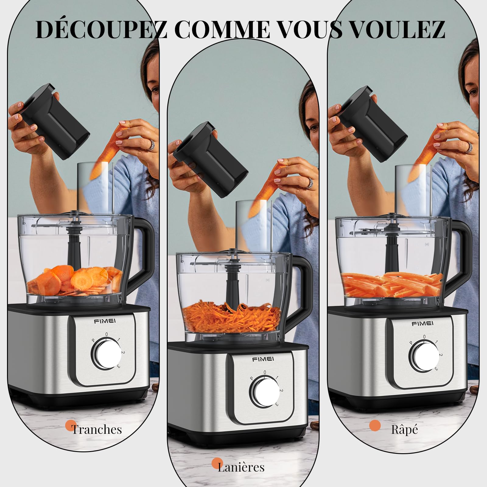 FIMEI Robot Cuisine Multifonctions 1100W, robot de cuisine 11 en 1, 3 vitesses et fonction Pulse, hachoir 3,2 L, blender 1,5 L, moulin, presse-agrumes, pétrin, râpe, disque réversible pour trancher