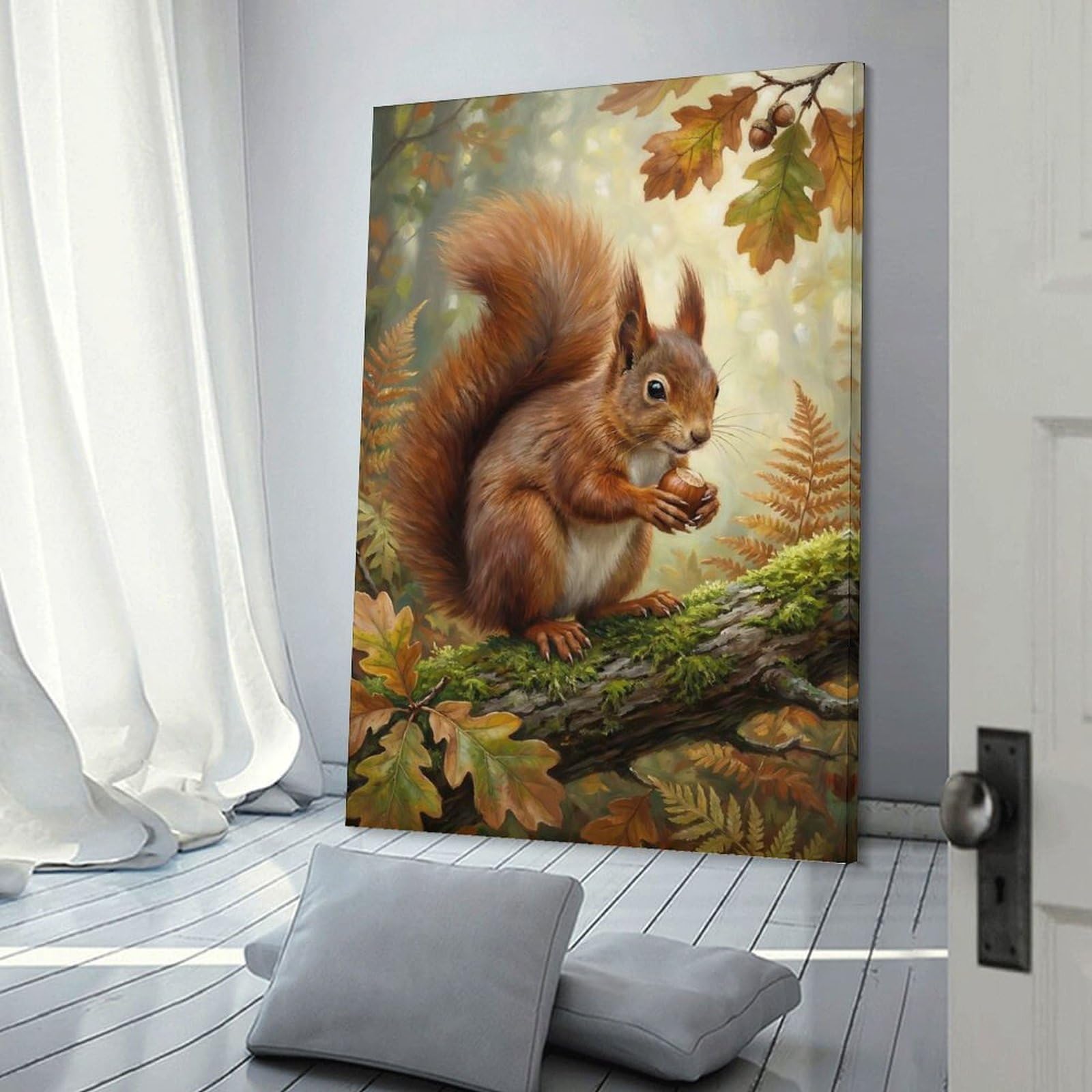 Junmoney Squirrel with Nut in Autumn Forest Wall Art Print 24x36inch(60x90cm), for Art Walls, Layered Displays Or Homes, Wall Decor Suited to Curated Displays