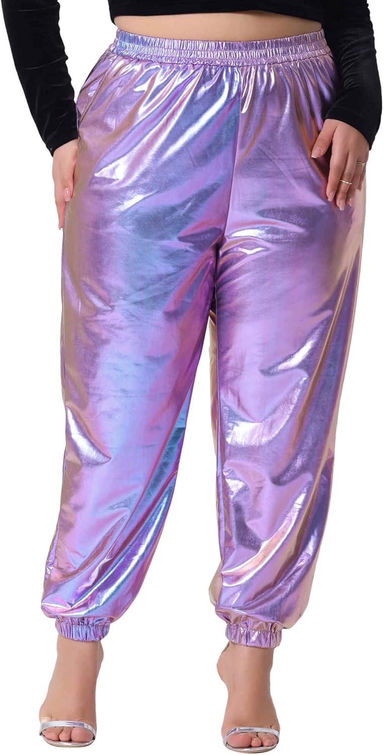 Agnes Orinda Plus Size Jogger Pants for Women Metallic Shiny High Waist Stretchy Wear Holographic Trousers Sweatpant