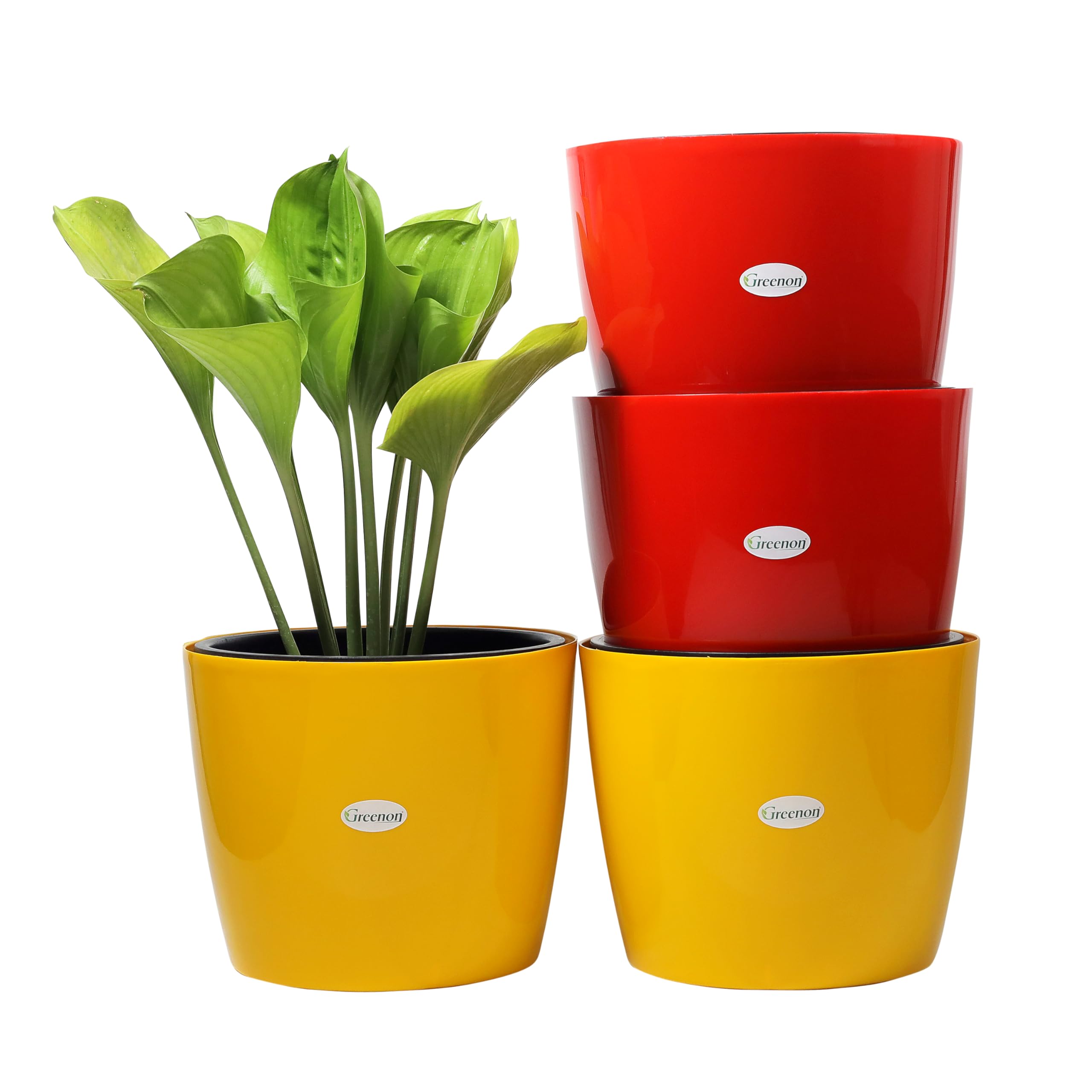 GREENON 10 inch Plant Pot Pack of 4 (8 Pots) | Self Water Planter | UV Treated Gamla | Virgin Plastic Flower Pot | Red,Yellow Outer Black Inner | Unfading Big Planter for Indoor and Outdoor (B0C6BDDTQN) Amazon Price History, Amazon Price Tracker