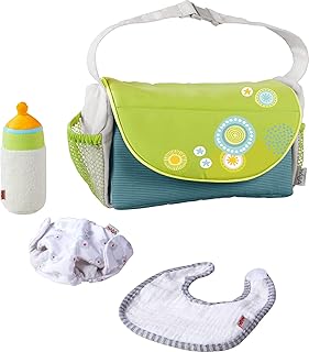 HABA Diaper Bag Summer Meadow - Doll Sized Pretend Playset Role Play Toy Folds into Changing Pad with Soft Baby Bottle, Bib and Cloth Diaper