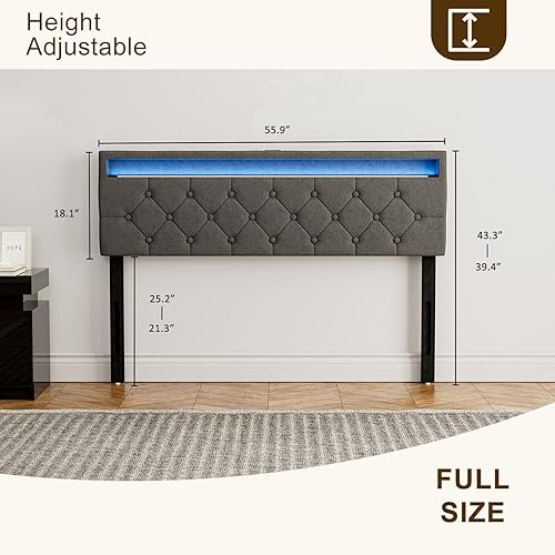 Miniatura 11 de IKIFLY Cabecera tapizada tamaño Queen con luces LED y 2 puertos USB, altura ajustable, cabecera acolchada de tela de lino con botones, fácil