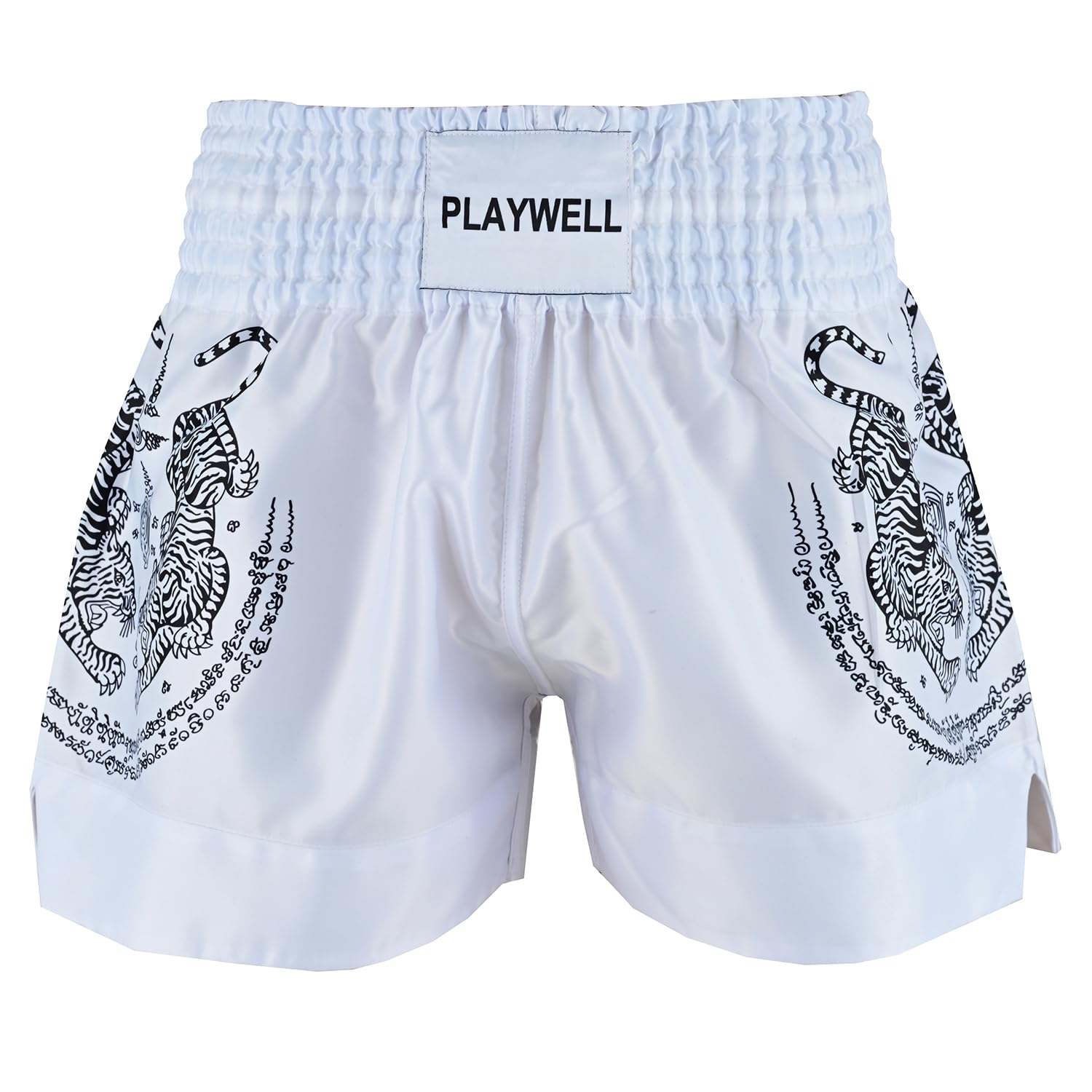 Playwell Muay Thai Twin Tiger Satin Sak Yant Competition Fight Shorts - White - New (Medium)