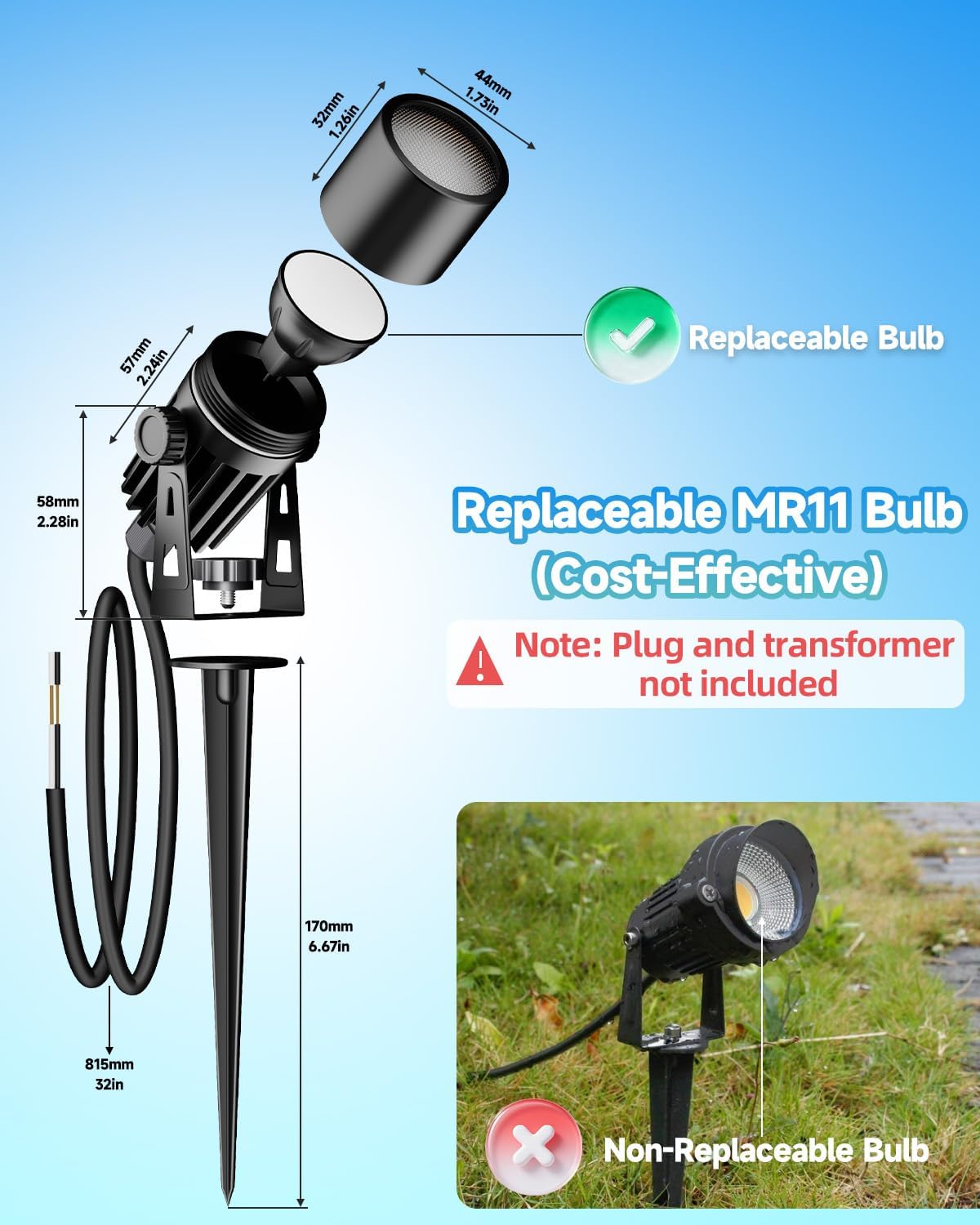 Outdoor Mini Spotlights, MR11 LED Bulb 12V Low Voltage Landscape Spotlight 2W 200lm, 2700K Warm White IP65 Waterproof Aluminum Light Fixture, 1 1/4" Short Head 2-Count