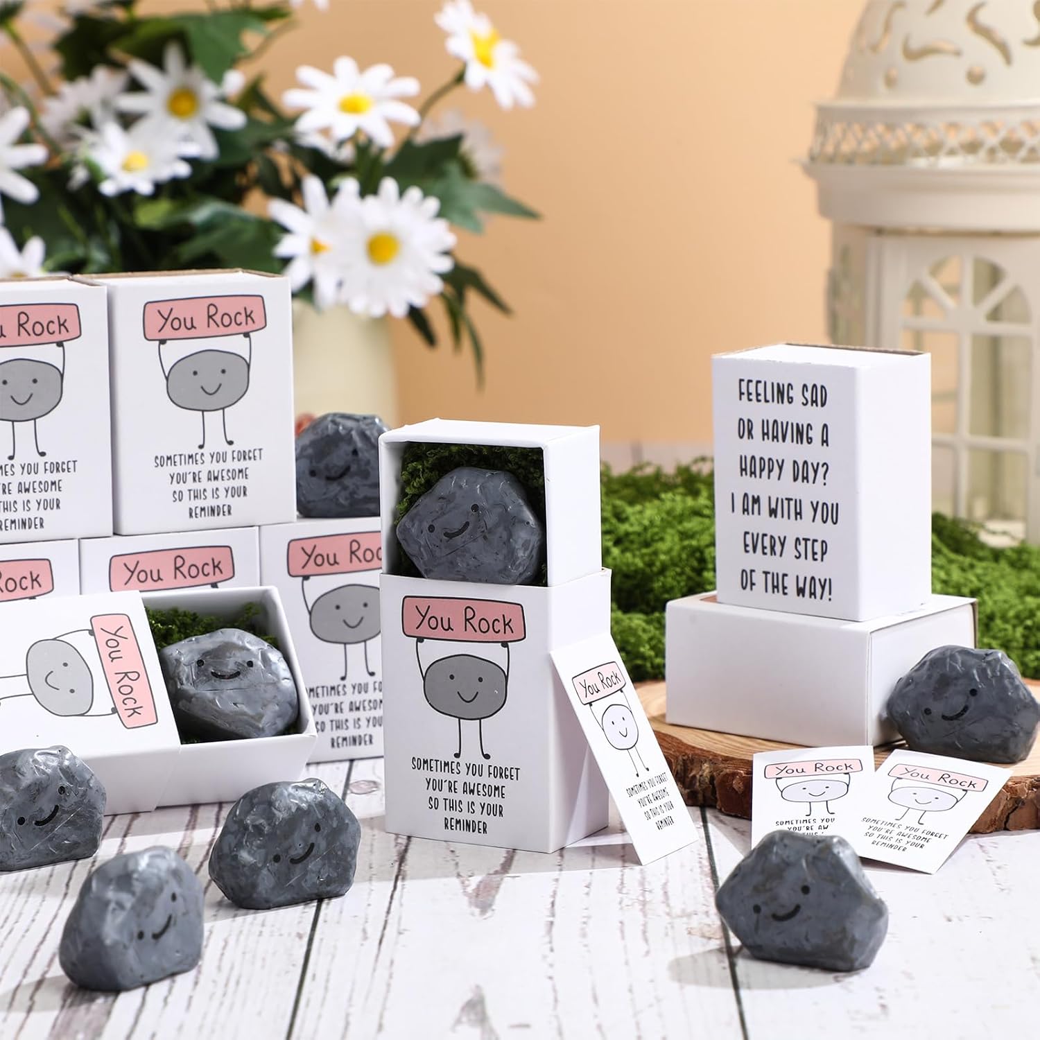 72 Sets Employee Appreciation Gifts Bulk Funny You Rock Gift for Teachers Coworker Positive Emotional Smile Resin Stone with Card Thank You Gifts for Staff Social Worker Volunteer