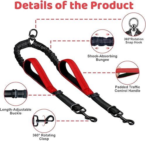 Miniatura 3 de Correa doble para perro, divisor sin enredos para dos perros, acoplador con cuerda de plomo larga ajustable, asas de control dual, elástico
