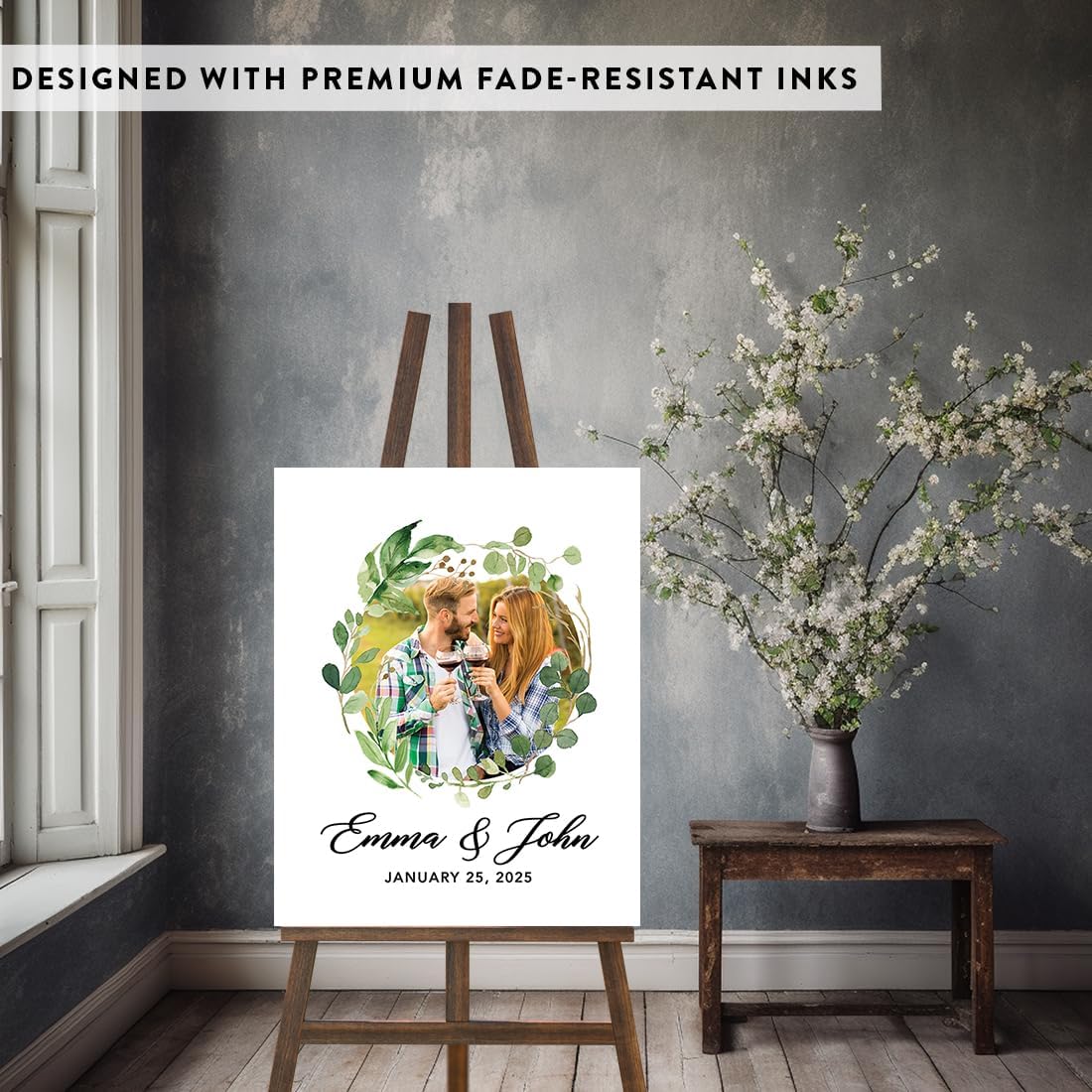 Andaz Press Custom Large Canvas Wedding Guest Book Alternative, 16 x 20 Inches, Modern Eucalyptus Greenery Watercolor Wreath Photo, Vertical, Personalized Welcome Sign Guest Book Signs for Wedding