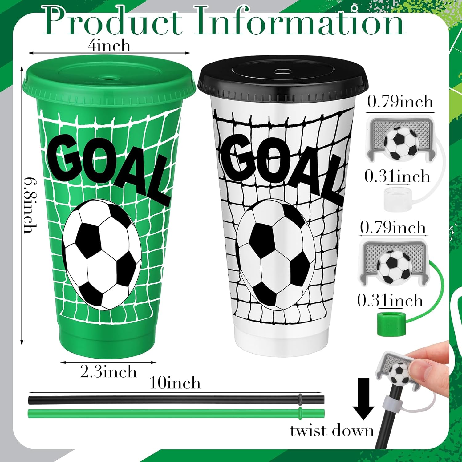 Domensi 12 Pcs Soccer Plastic Tumbler with Lid and Straw 24oz Reusable Plastic Cups with Straw Cover Caps Soccer Party Favors Gift for Fan Friend Guest Birthday Office Sport Party Supplies - Image 2