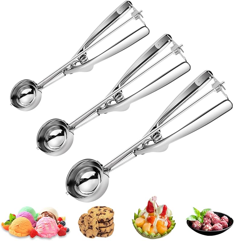3 cucharas para helado, juego de cucharas para galletas de primera calidad, cucharas de acero inoxidable pequeñas/medianas/grandes, cuchara para helado profesional con gatillo para hornear, galletas, frutas y helados de AOULELA