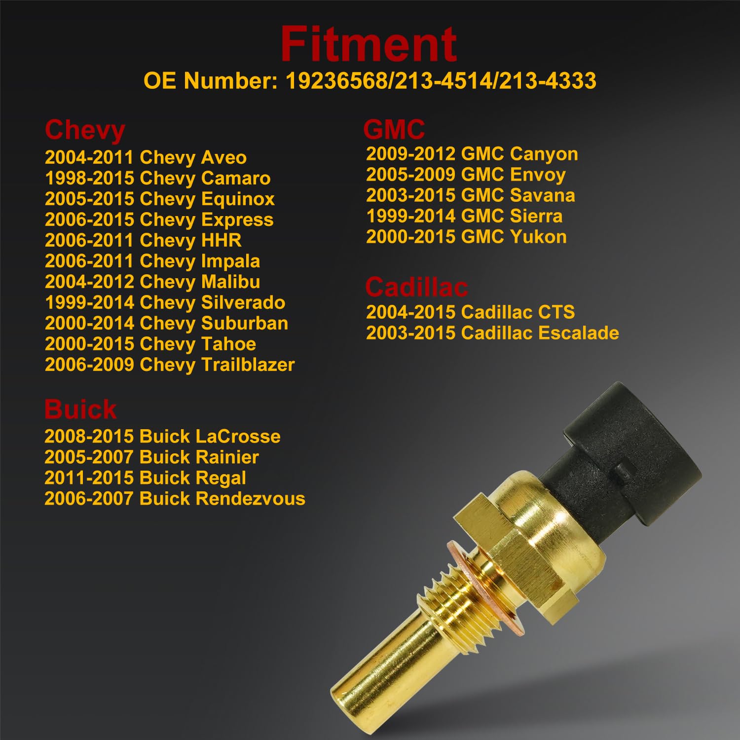 19236568 213-4514 213-4333 Engine Coolant Temperature Sensor for Chevy GMC | for Chevrolet 04-12 Malibu 00-15 Tahoe 06-11 Impala 99-14 Silverado, GMC 99-14 Sierra Envoy Yukon, Buick LaCrosse, Cadillac
