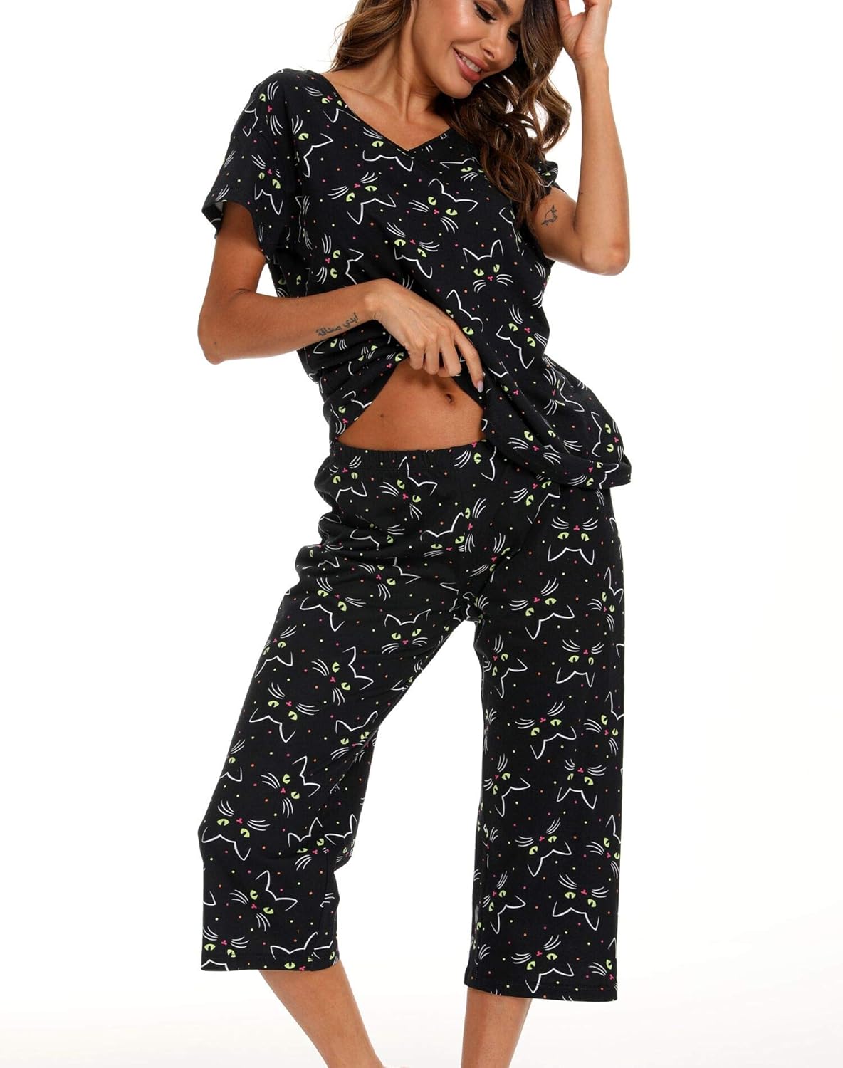 ENJOYNIGHT Womens Pajama Sets Cotton Summer Pjs Tops with Capri Pants Sleepwear - Image 2