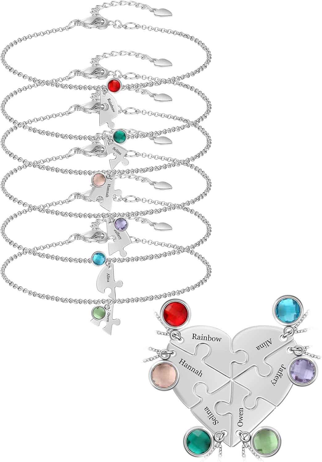 MissNaNa 7.8" BFF Bracelets for 2/3/4/5/6 Personalized Friendship Bracelets with Birthstone Family Bracelet Set Love/Friendship Jewelry Set Engraving Heart Couple Bracelet