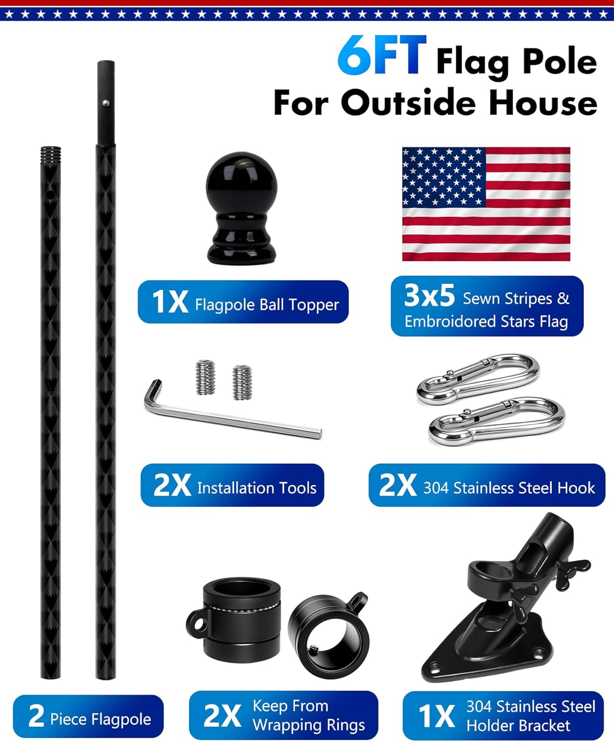 6FT Flag Pole For Outside House, Outdoor Flag Pole With Carbon Fiber, 2-Section Non-Wrapping Heavy Duty Flagpole Kit For Porch,Residential,Yard,Rustproof & Wind-Resistant（With 3X5 Nylon Flag, Bracket）