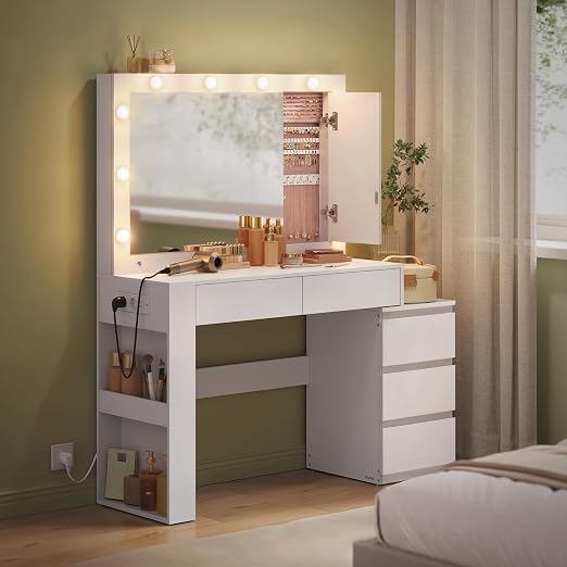 VASAGLE Toaletka z oświetleniem LED, z lustrem, szafka na biżuterię | Toaletka z szufladami, listwa zasilająca, 40 x 125 x 140 cm, nowoczesna, biel strukturalna, Kolekcja KAILYN RDT127W01