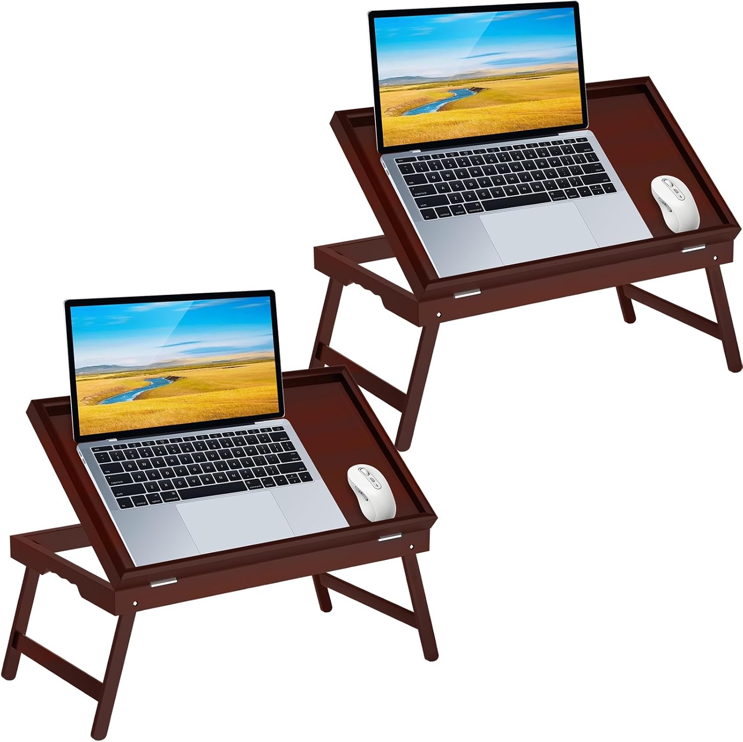 2 Pack Bamboo Bed Tray Table with Foldable Legs & Ergonomic Handle, 17x12in Breakfast Tray for Eating, Laptop Desk, Sofa Snacking, Non-Slip Surface (Mahogany)