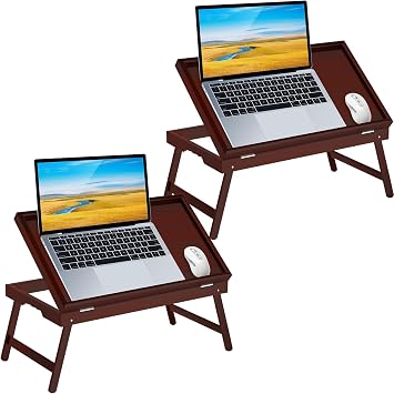 2 Pack Bamboo Bed Tray Table with Foldable Legs & Ergonomic Handle, 17x12in Breakfast Tray for Eating, Laptop Desk, Sofa Snacking, Non-Slip Surface Mahogany