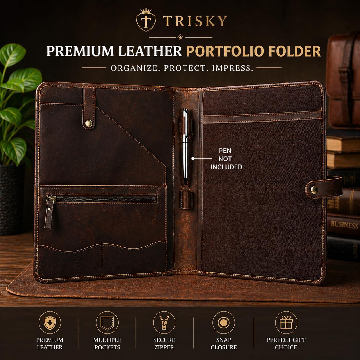 TRISKY Leather Portfolio for Men and Women – Professional Padfolio, Legal Pad Holder, Leather Folder Portfolio, Business Binder Organizer, Document Holder with Card Slots & Pen Loop (Brown)