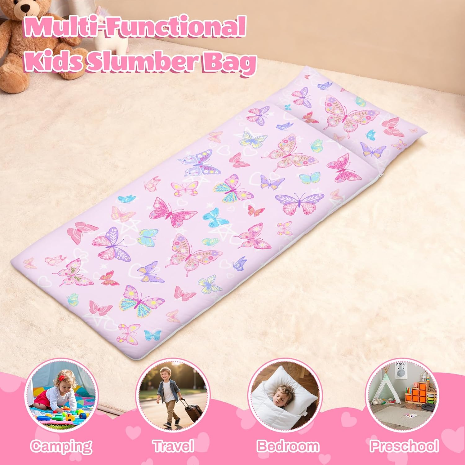 Toddler Nap Mat Sleeping Bag with Removable Pillow, 59" x 24" Kids Roll Up Portable Slumber Mat for Daycare, Kindergarten, Camping – Lightweight, Soft & Easy to Clean for Girls and Boys