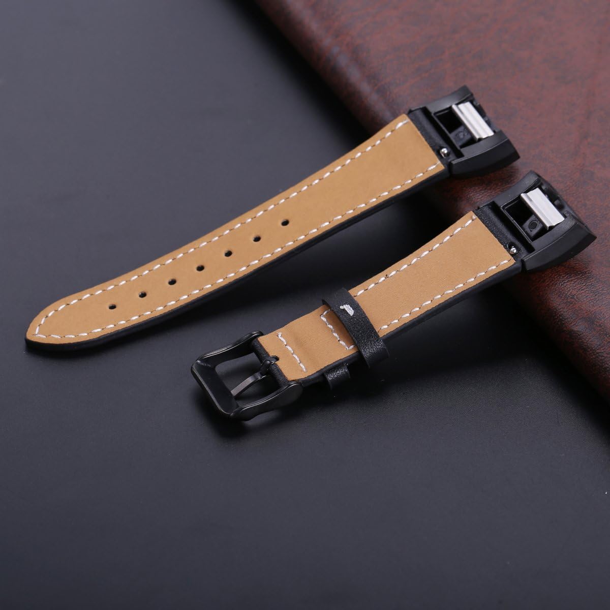 bayite Leather Band for Fitbit Charge 2, Black with line, 5.5" - 7.1"