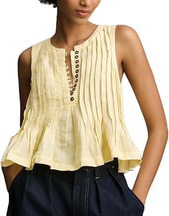 Women Y2K Babydoll Ruffle Tank Top Linen Front Button Pleated Peplum Vest Flowy Coquette Cropped Shirt Cute Blouse Summer