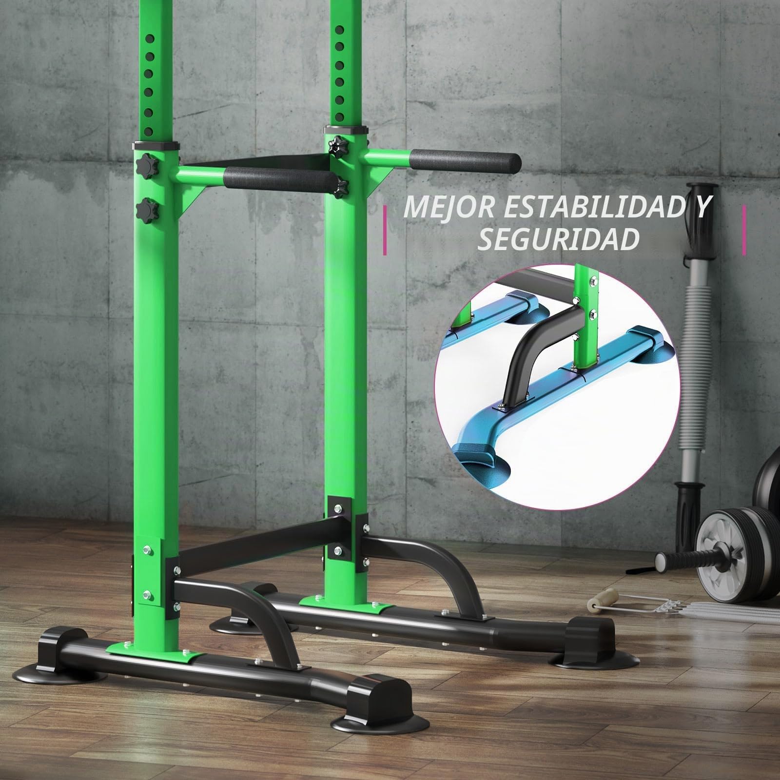 DlandHome - Silla romana con musculación, ajustable, dips, tracción, barra de tracción en los pies, estación de tracción abdominal, reposabrazos, fitness, color verde y negro