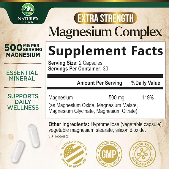 Magnesium Complex Supplement - Magnesium 500mg Per Serving - High Absorption Blend of Glycinate, Citrate, Malate, Oxide - Supports Sleep, Muscle, Bone, Heart Health - Bottled in USA - 60 Capsules