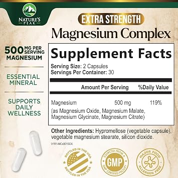 Magnesium Complex Supplement - Magnesium 500mg Per Serving - High Absorption Blend of Glycinate, Citrate, Malate, Oxide - Supports Sleep, Muscle, Bone, Heart Health - Bottled in USA - 60 Capsules
