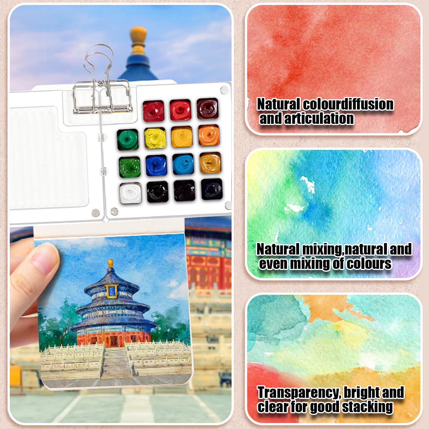 Mini-Reise-Aquarell-Set, Taschenkünstler, Aquarell-Reiseset, Gitterpalette, Skizzenbuch mit Binder-Clips, Kunstmalerei-Set für Maler, Künstler, Studenten