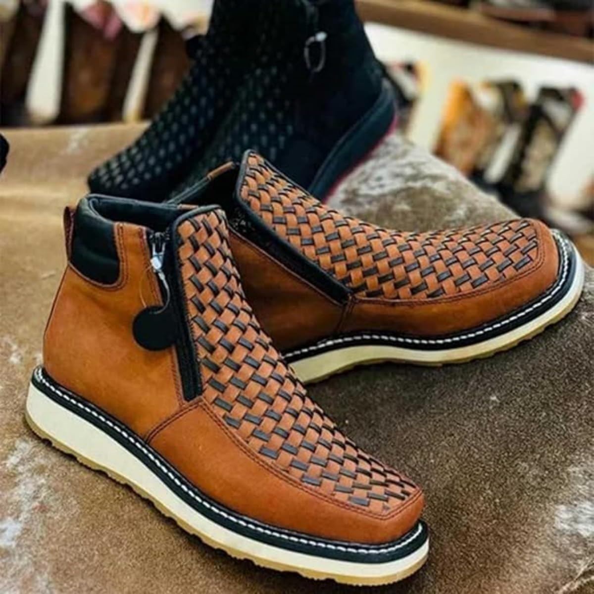Handcrafted Western Cowboy Boots - Men's Square Toe Leather Hand-wove Work Cowboy Boot with Double Side Zipper