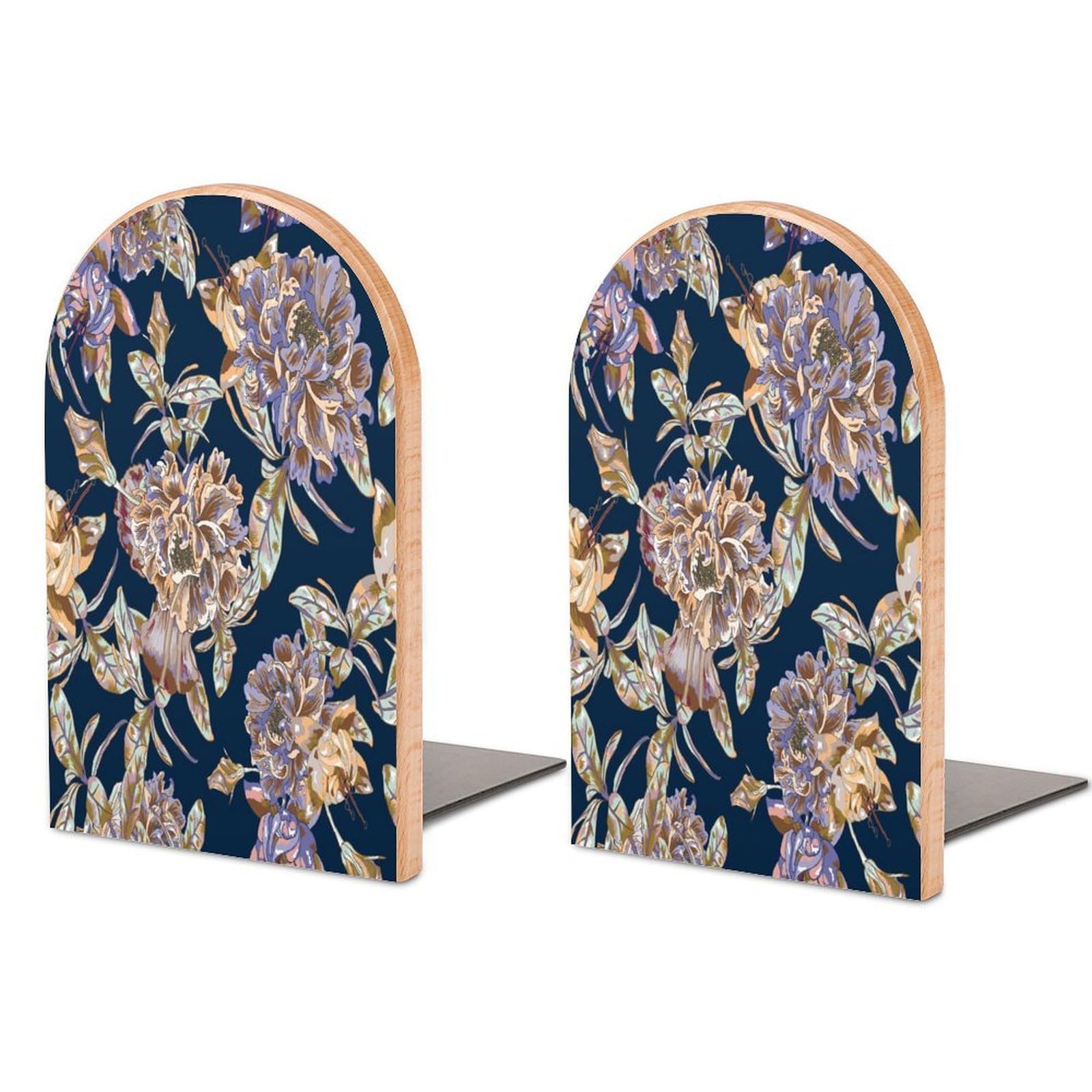 Peony Seamless Vector Pattern Dark Blue Background Beech Wood Bookends Heavy Duty Book Organizers Desktop File Holder for Office Home Bookshelf